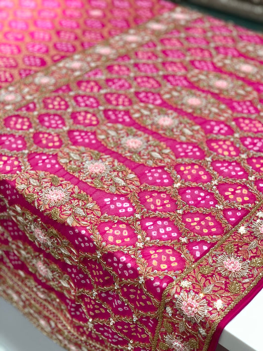 Pure Georgette Hand Bandhej in Rani Pink x Embroidery