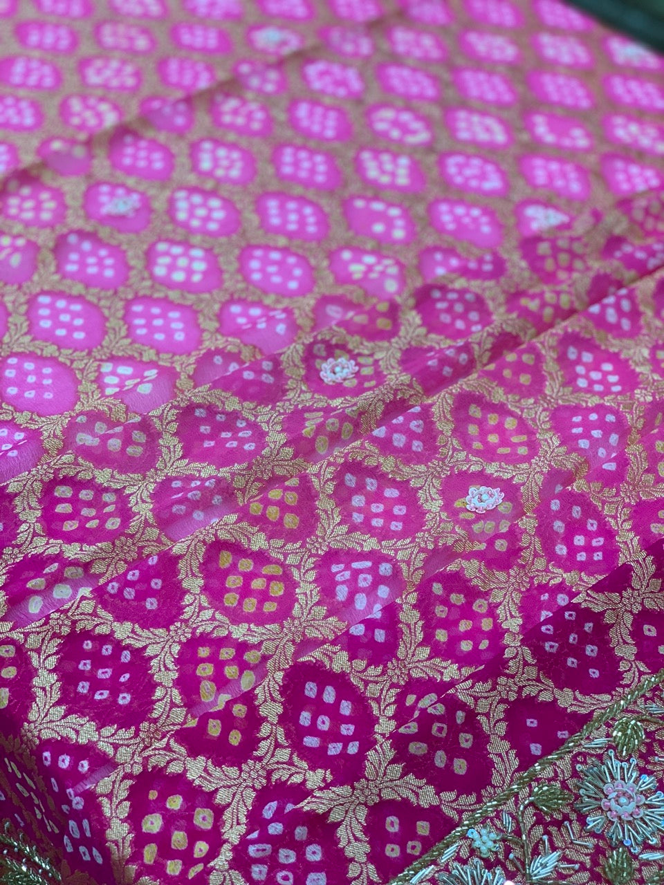 Pure Georgette Hand Bandhej in Rani Pink x Embroidery