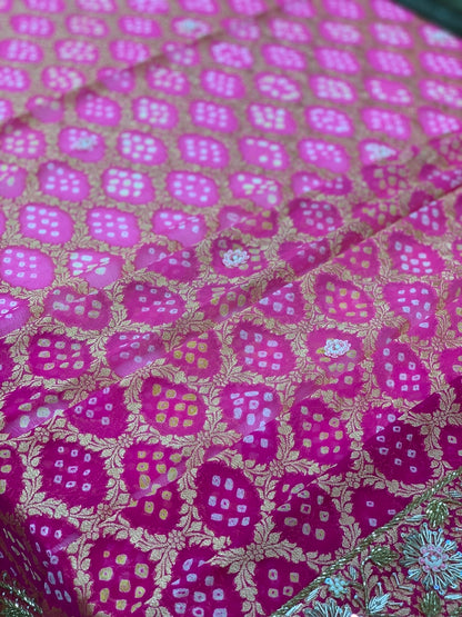 Pure Georgette Hand Bandhej in Rani Pink x Embroidery
