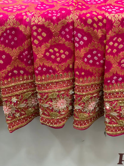 Pure Georgette Hand Bandhej in Rani Pink x Embroidery