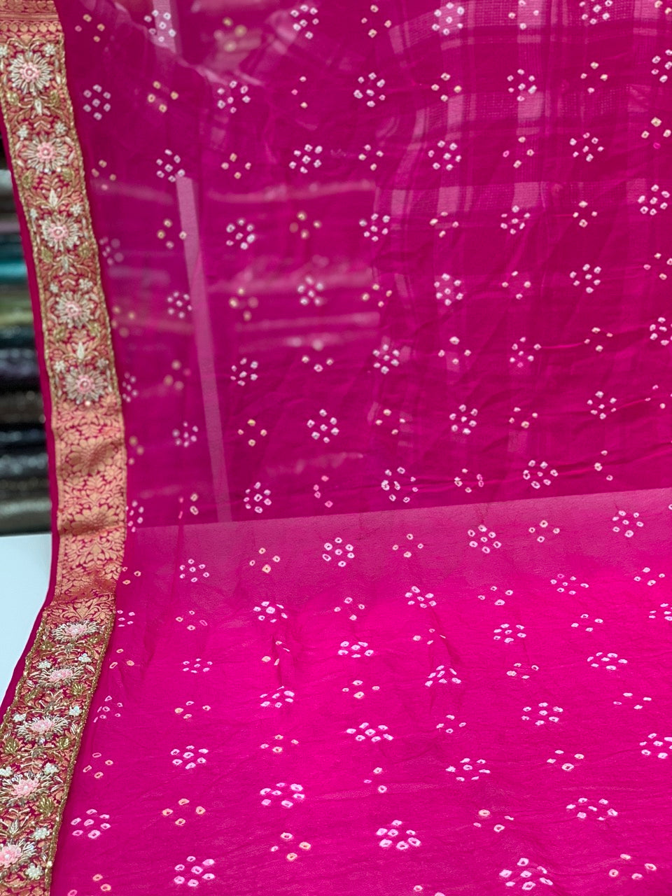 Pure Georgette Hand Bandhej in Rani Pink x Embroidery