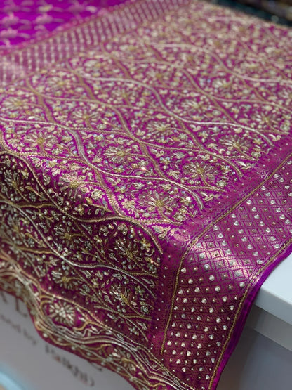 Purple Floral Jaal Pure Katan Silk Banarasi x Hand Embroidery
