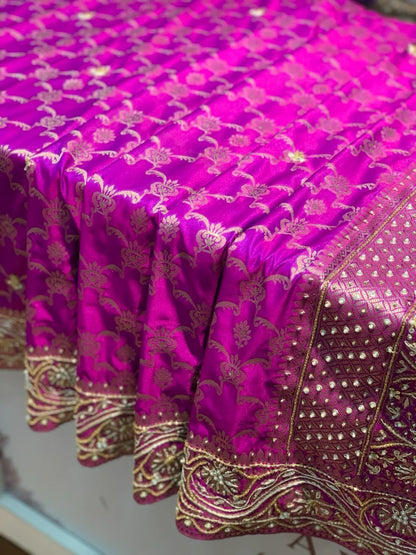 Purple Floral Jaal Pure Katan Silk Banarasi x Hand Embroidery