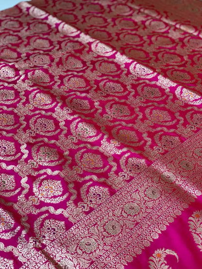 Rani Pink Banarasi Floral Jaal in Pure Katan Silk
