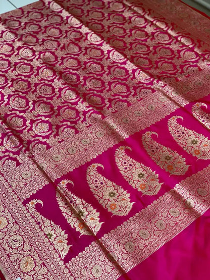 Rani Pink Banarasi Floral Jaal in Pure Katan Silk