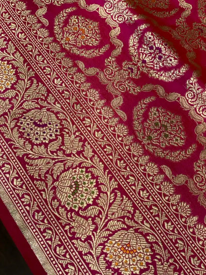 Rani Pink Banarasi Floral Jaal in Pure Katan Silk