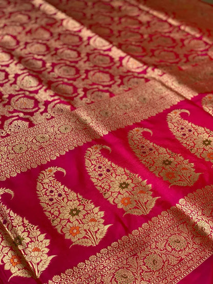 Rani Pink Banarasi Floral Jaal in Pure Katan Silk