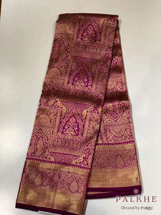Wine Peacock Motifs in Pure Kanjivaram Silk