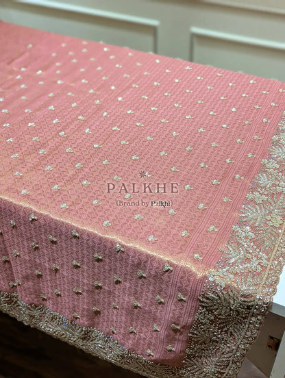 Baby Pink Floral Jaal Tissue Brocade Silk x Hand Embroidery