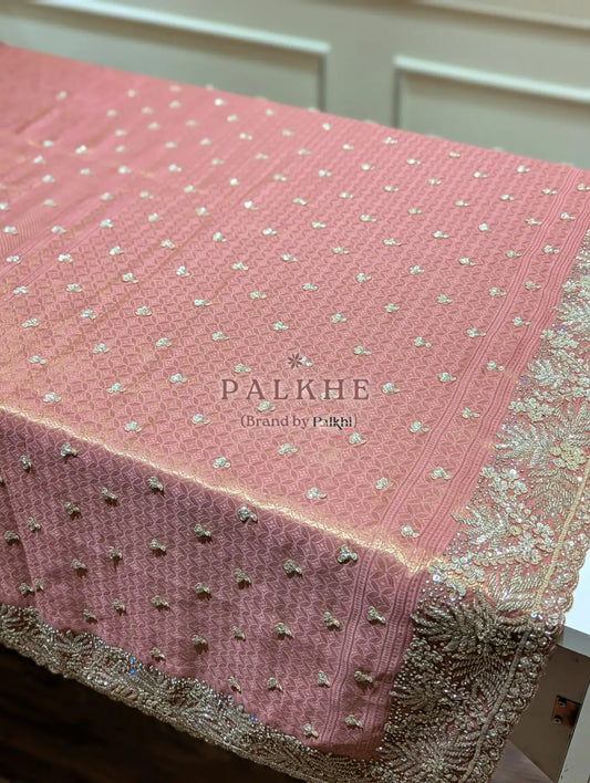 Baby Pink Floral Jaal Tissue Brocade Silk x Hand Embroidery