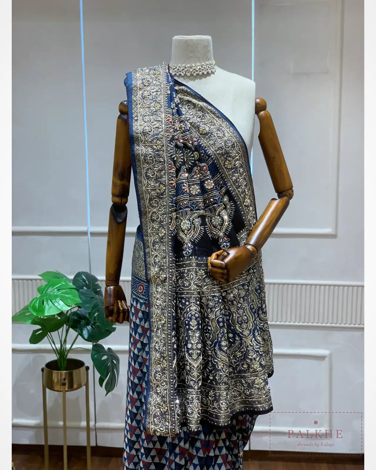 Navy Blue Crepe Silk Ajrakh Fancy x Hand Embroidery