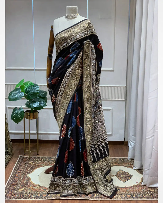 Black Crepe Silk Ajrakh Fancy x Hand Embroidery