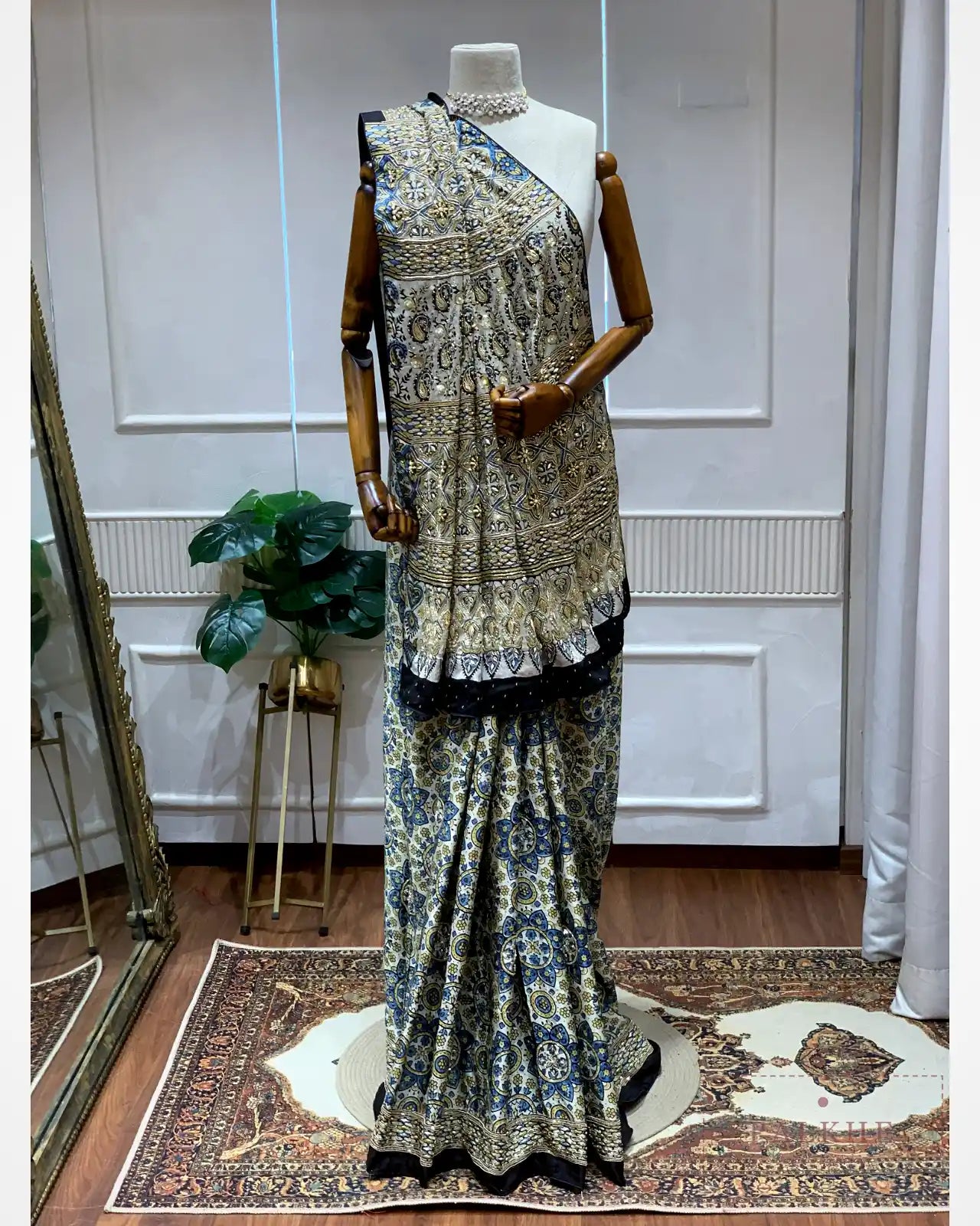 Off-White Crepe Silk Ajrakh Fancy x Hand Embroidery