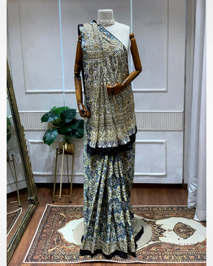Off-White Crepe Silk Ajrakh Fancy x Hand Embroidery