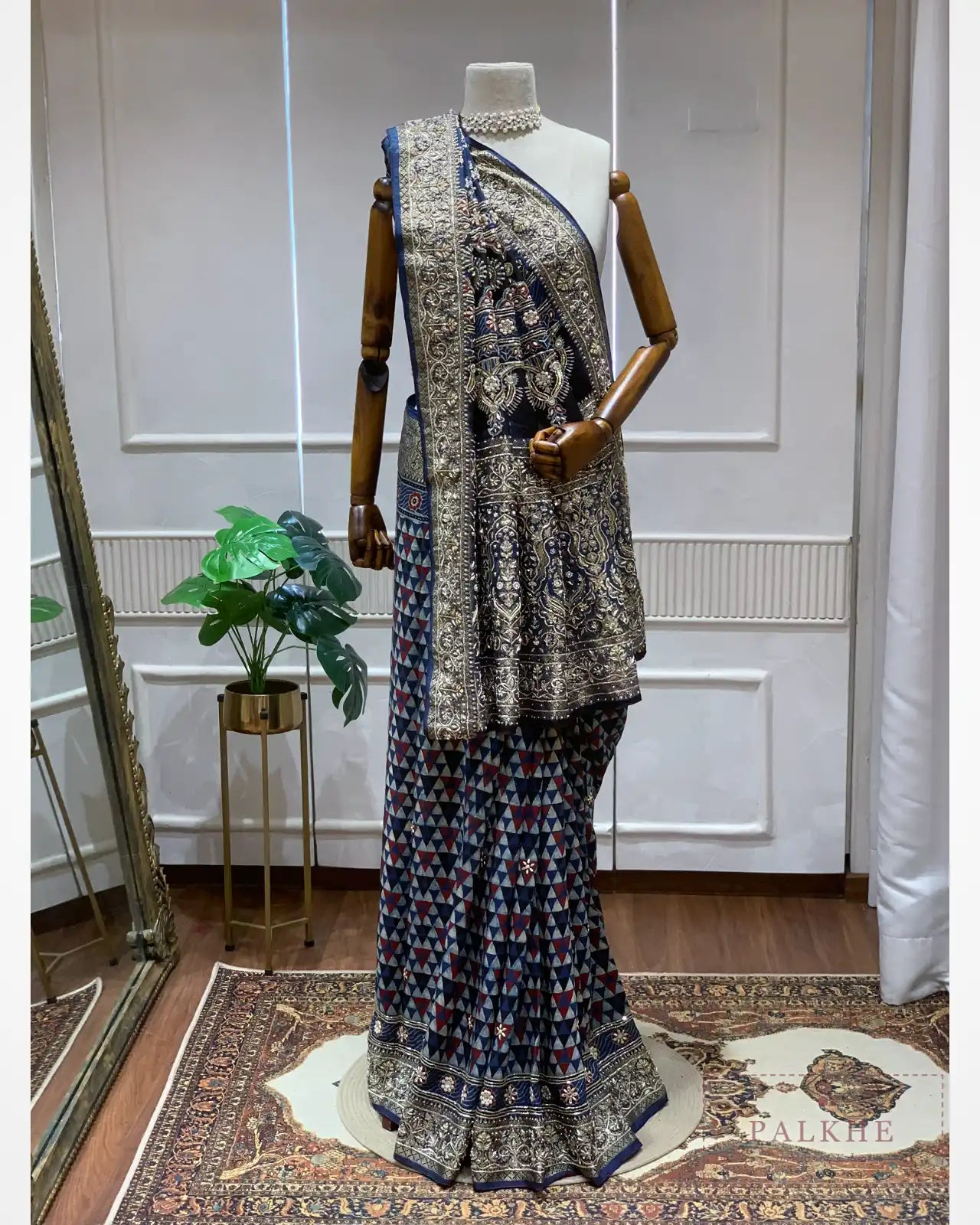 Navy Blue Crepe Silk Ajrakh Fancy x Hand Embroidery