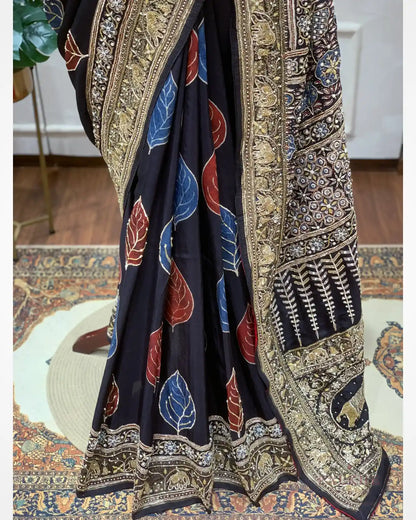 Black Crepe Silk Ajrakh Fancy x Hand Embroidery