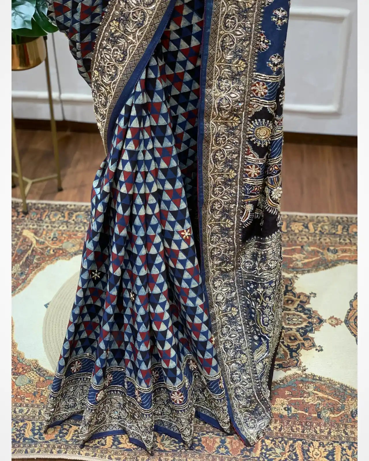 Navy Blue Crepe Silk Ajrakh Fancy x Hand Embroidery