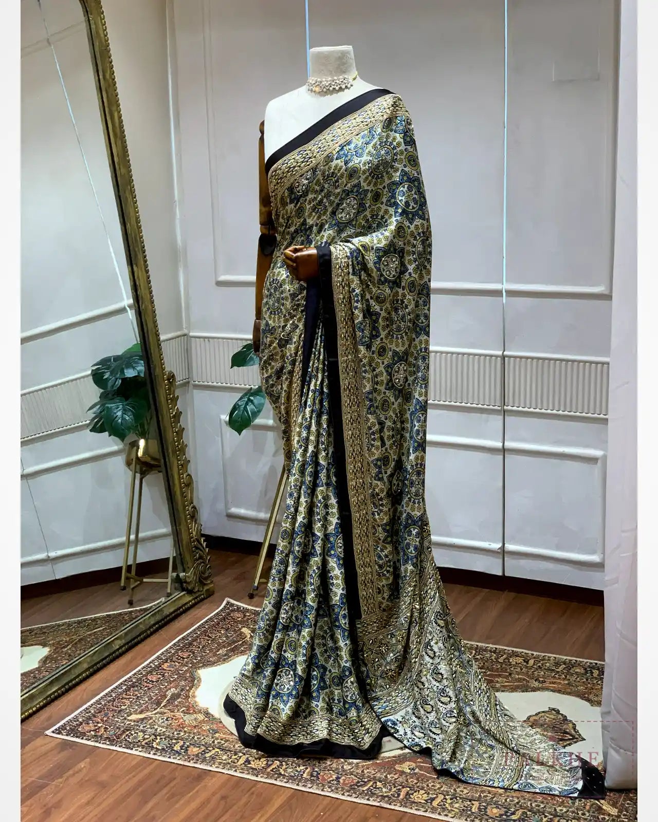 Off-White Crepe Silk Ajrakh Fancy x Hand Embroidery