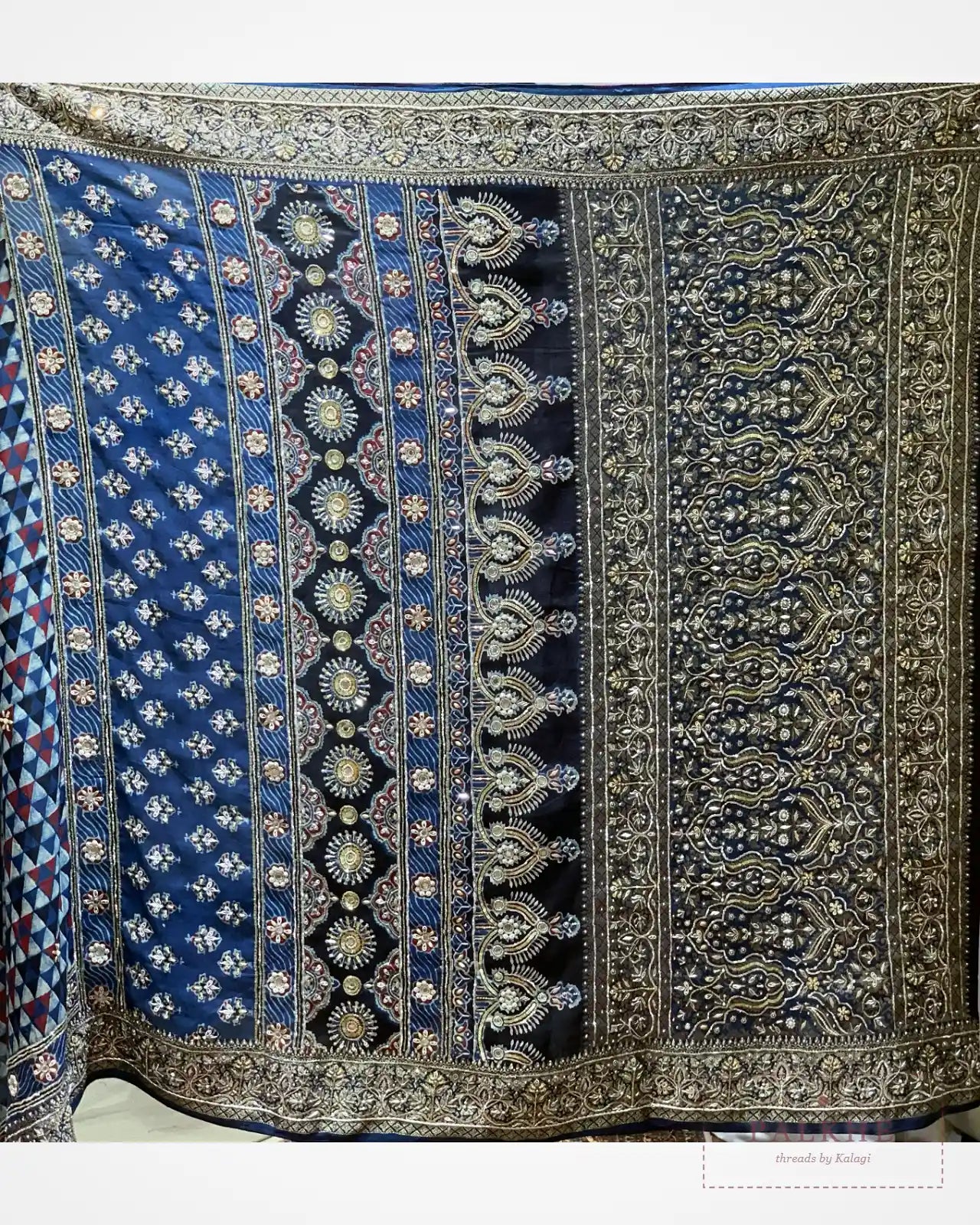 Navy Blue Crepe Silk Ajrakh Fancy x Hand Embroidery