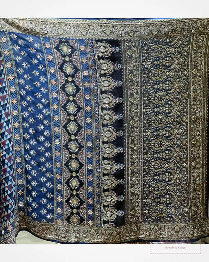 Navy Blue Crepe Silk Ajrakh Fancy x Hand Embroidery
