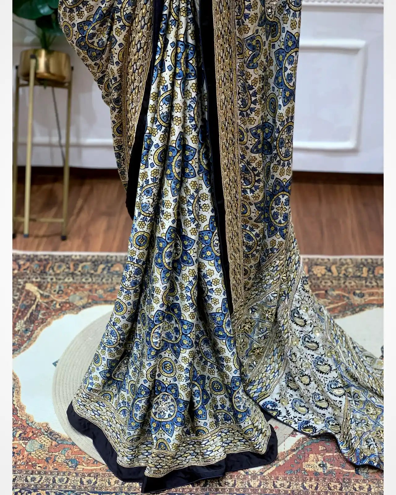 Off-White Crepe Silk Ajrakh Fancy x Hand Embroidery