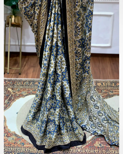 Off-White Crepe Silk Ajrakh Fancy x Hand Embroidery