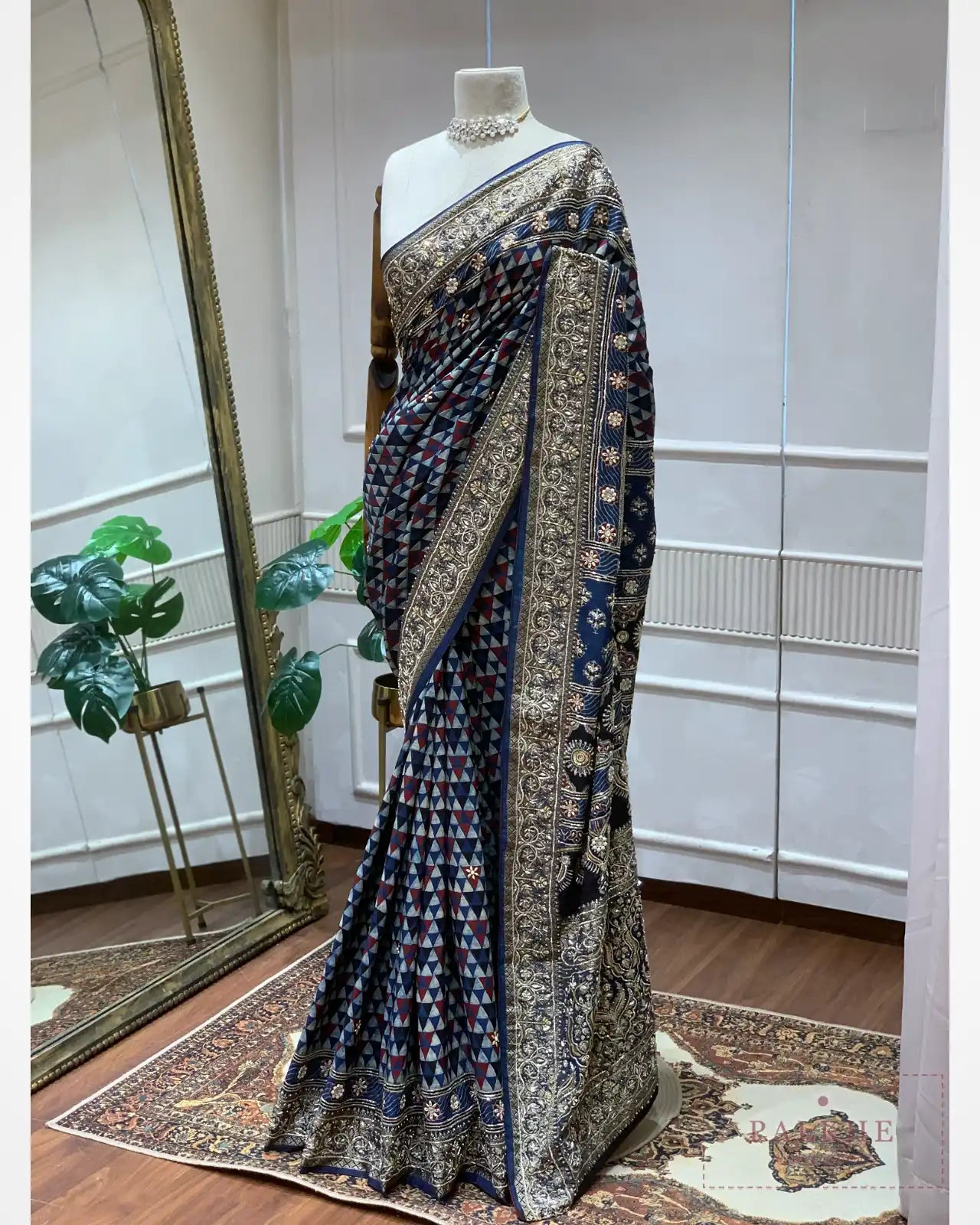 Navy Blue Crepe Silk Ajrakh Fancy x Hand Embroidery