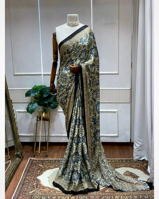 Off-White Crepe Silk Ajrakh Fancy x Hand Embroidery
