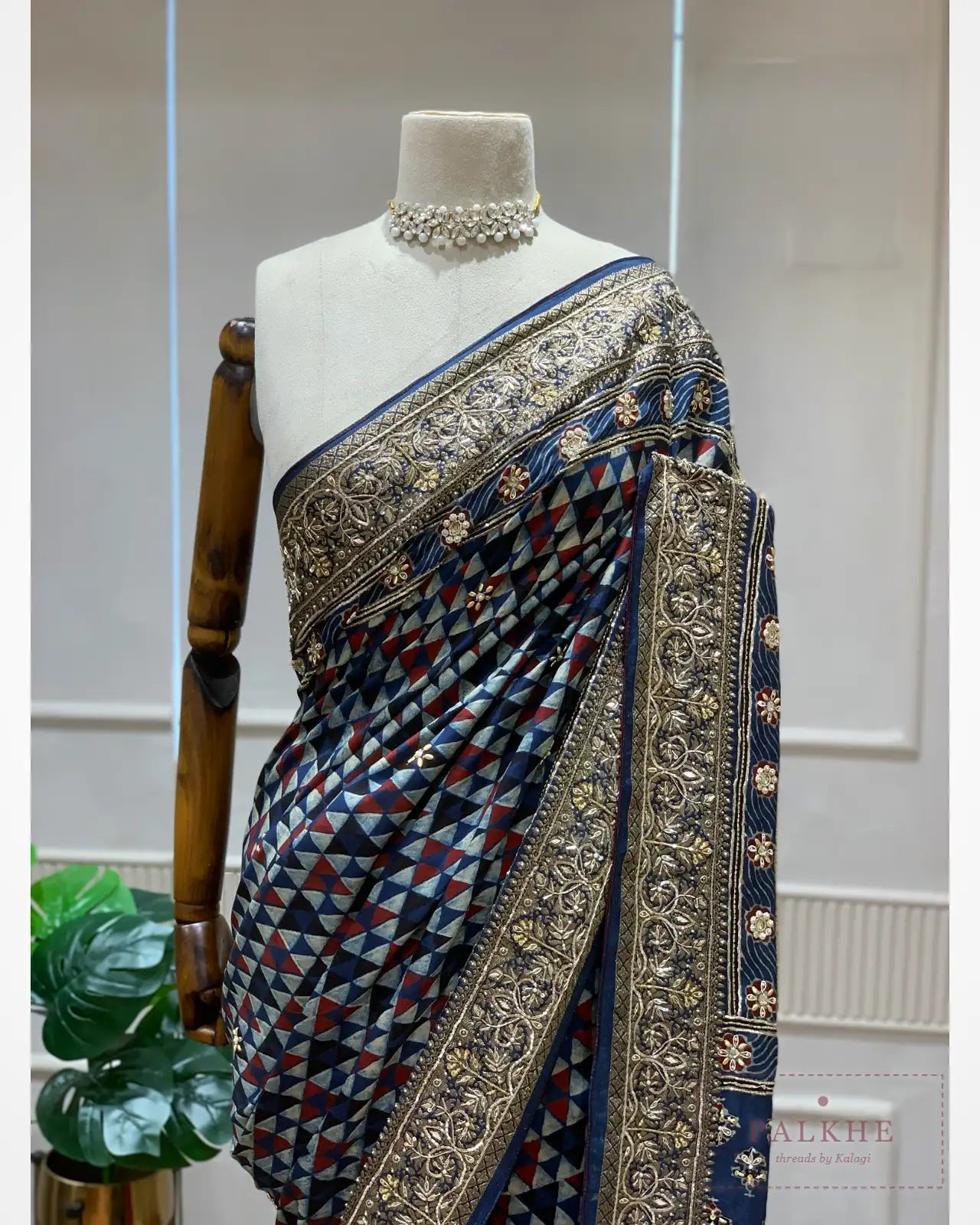 Navy Blue Crepe Silk Ajrakh Fancy x Hand Embroidery