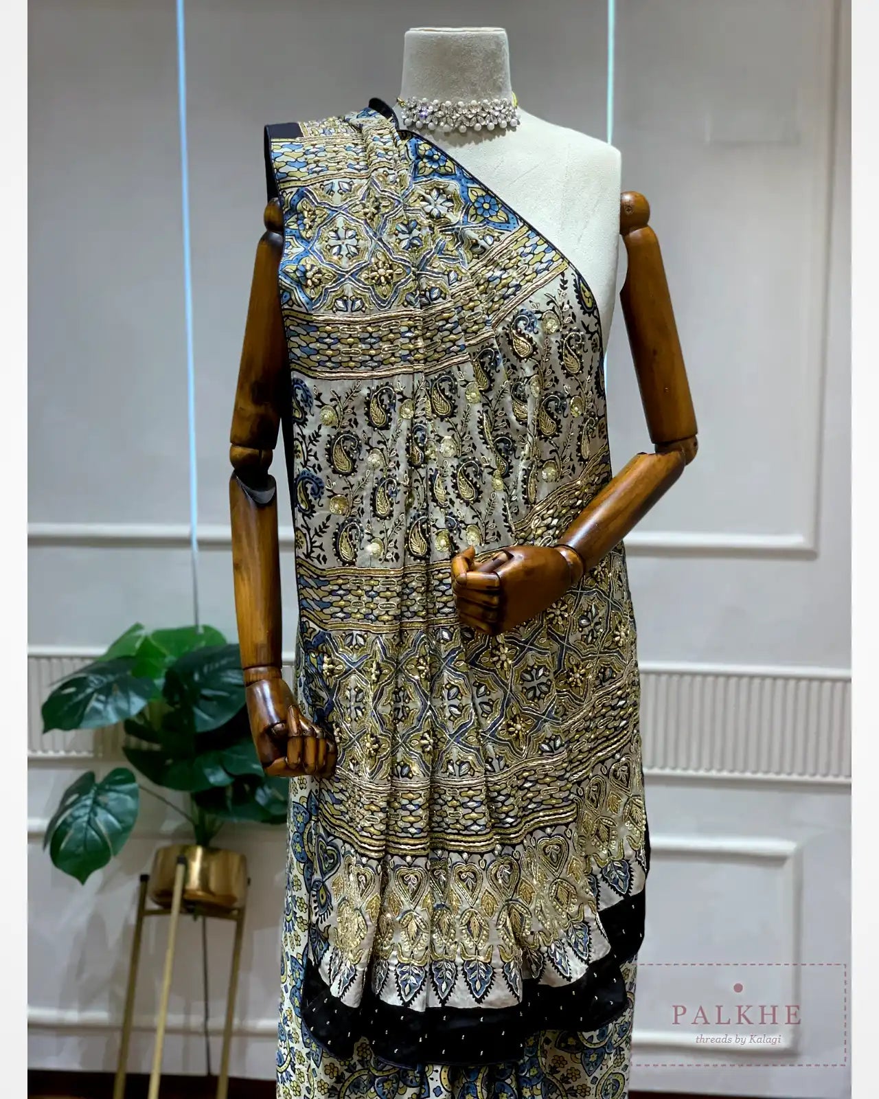 Off-White Crepe Silk Ajrakh Fancy x Hand Embroidery