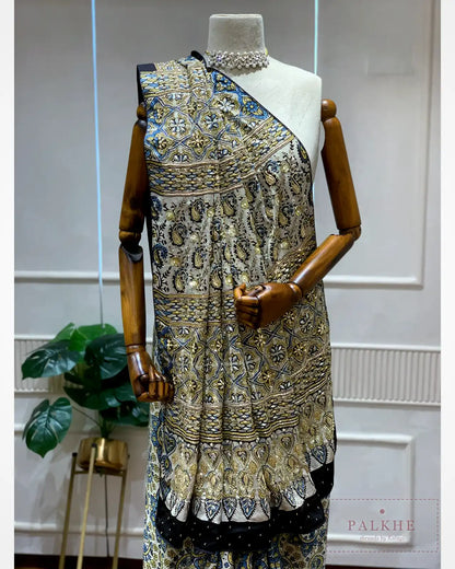 Off-White Crepe Silk Ajrakh Fancy x Hand Embroidery