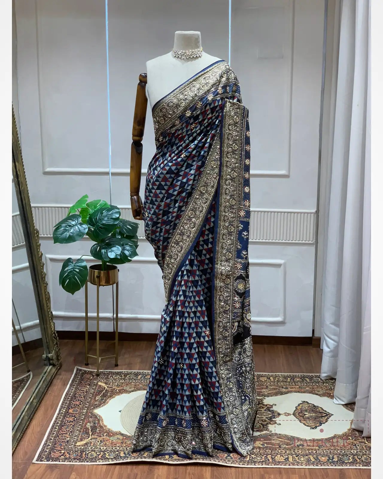 Navy Blue Crepe Silk Ajrakh Fancy x Hand Embroidery