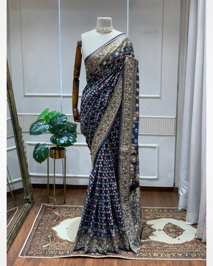 Navy Blue Crepe Silk Ajrakh Fancy x Hand Embroidery
