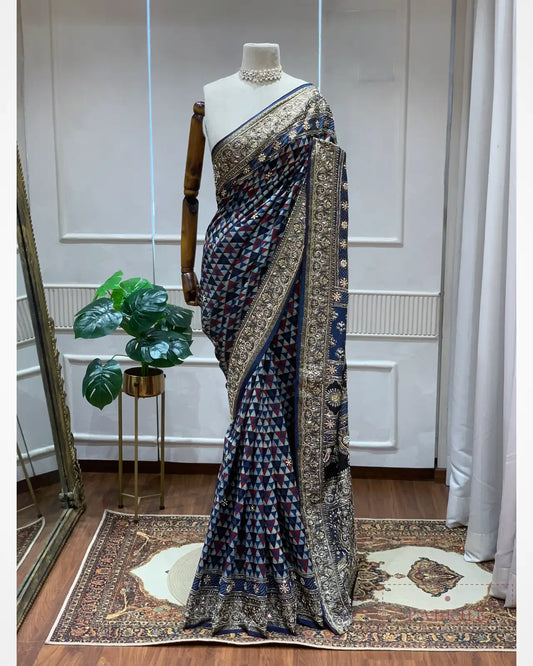 Navy Blue Crepe Silk Ajrakh Fancy x Hand Embroidery