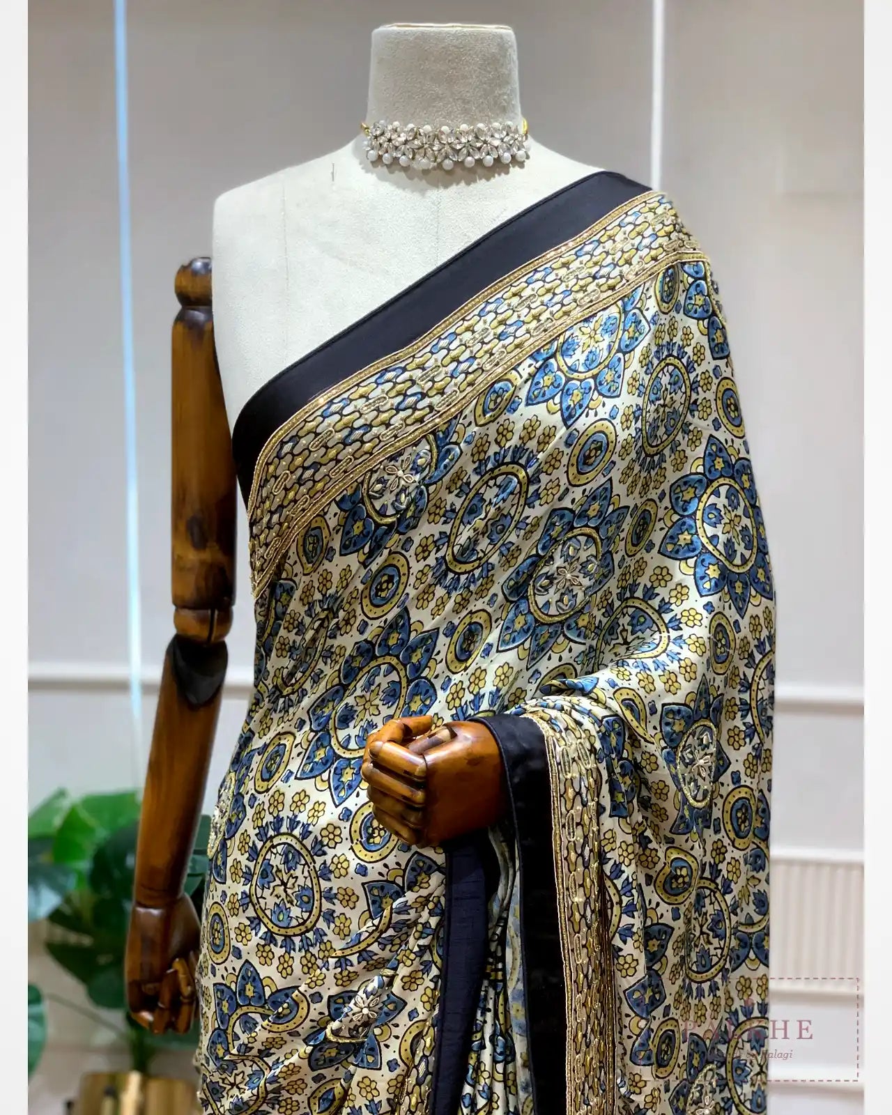 Off-White Crepe Silk Ajrakh Fancy x Hand Embroidery