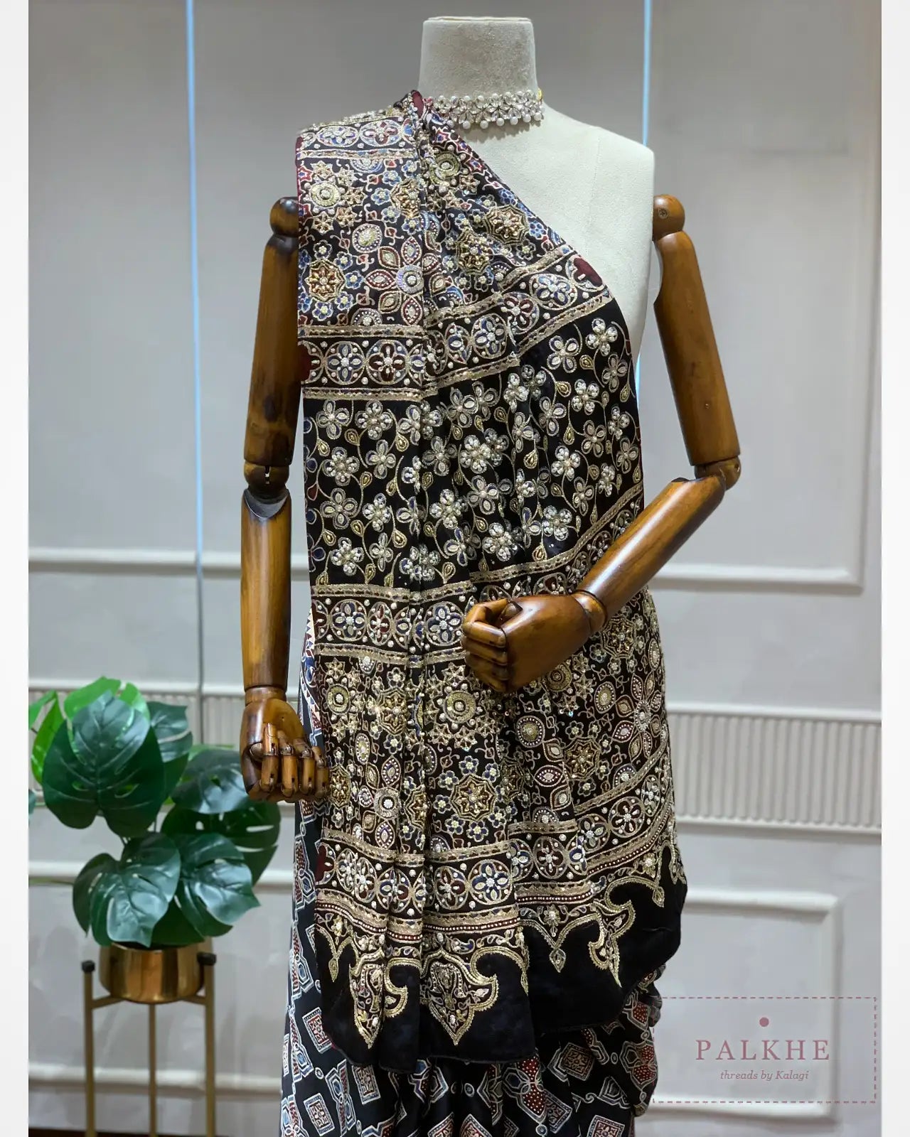 Black Silk Ajrakh Fancy x Hand Embroidery