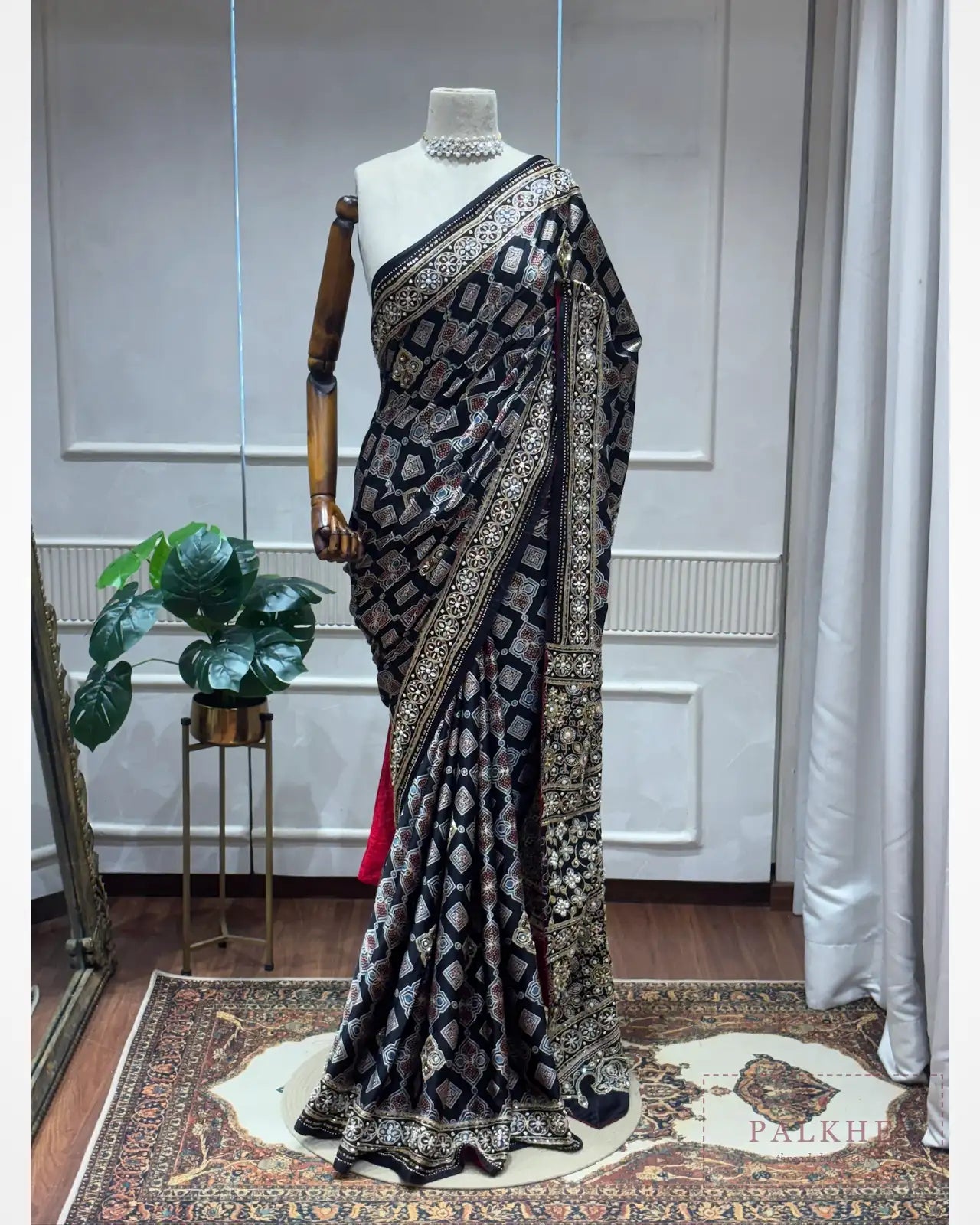 Black Silk Ajrakh Fancy x Hand Embroidery