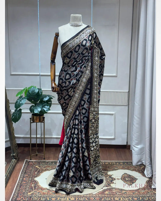 Black Silk Ajrakh Fancy x Hand Embroidery