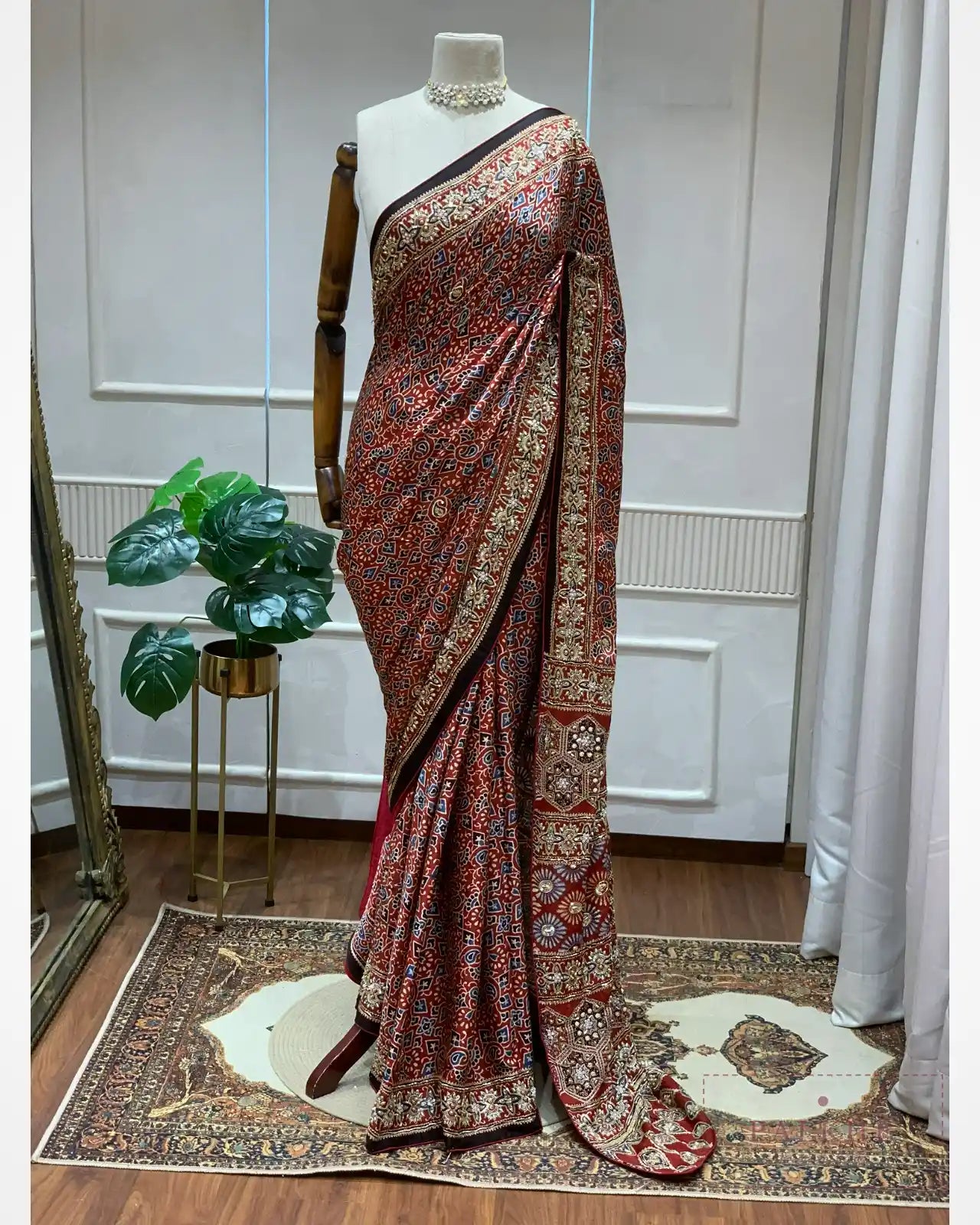 Maroon Ajrakh Silk Fancy x Hand Embroidery