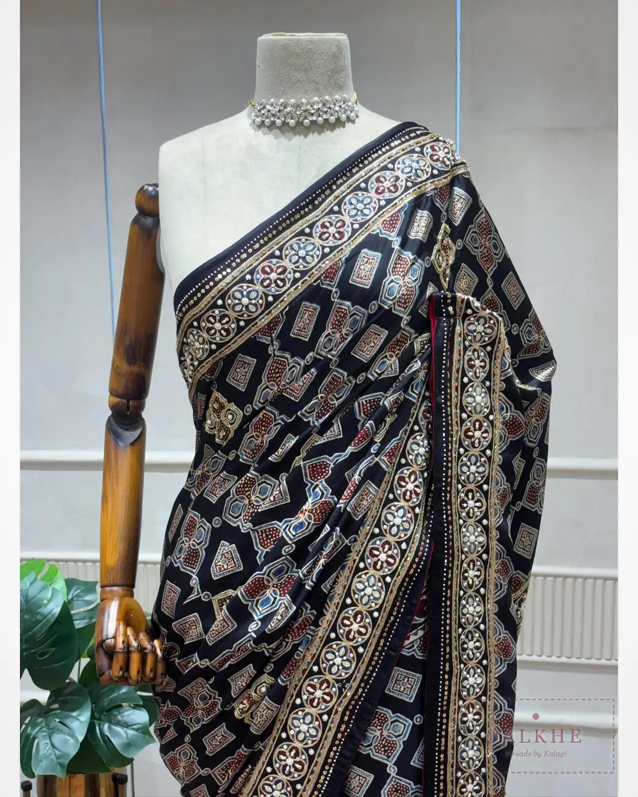 Black Silk Ajrakh Fancy x Hand Embroidery