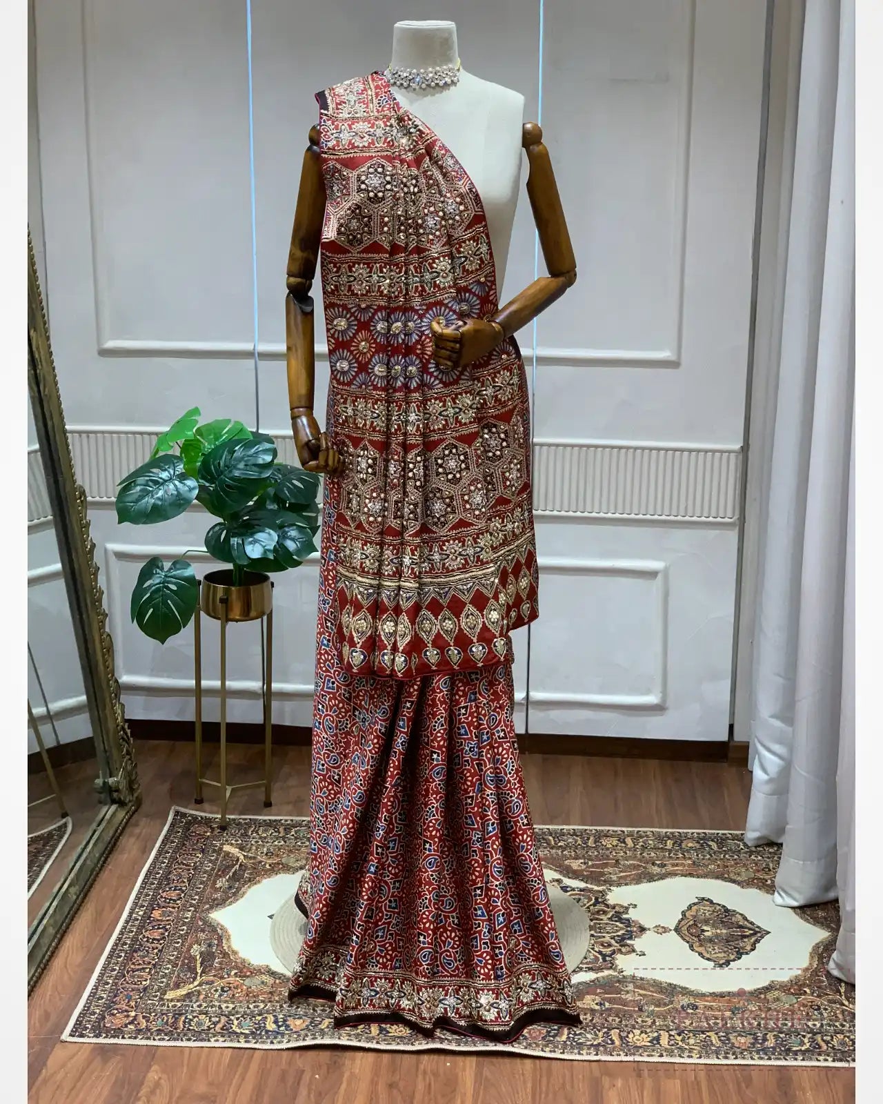 Maroon Ajrakh Silk Fancy x Hand Embroidery