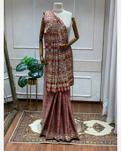 Maroon Ajrakh Silk Fancy x Hand Embroidery