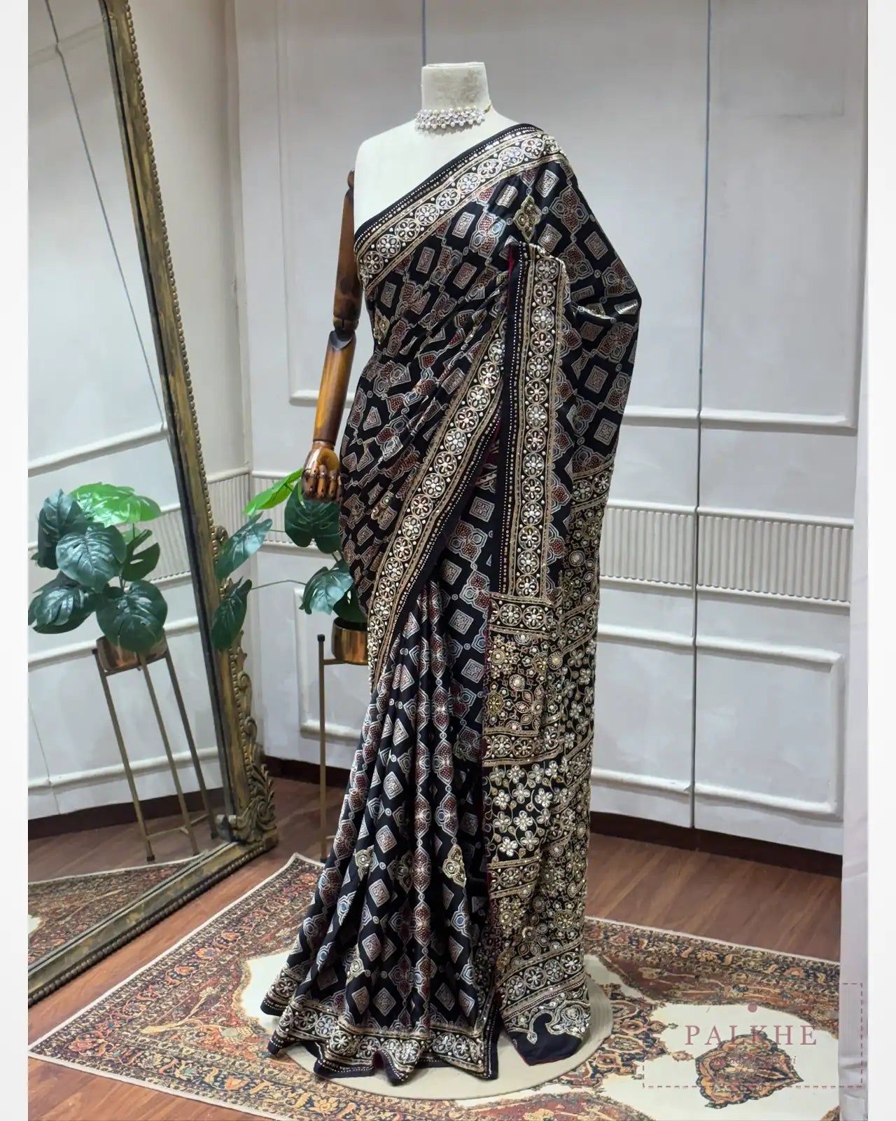 Black Silk Ajrakh Fancy x Hand Embroidery