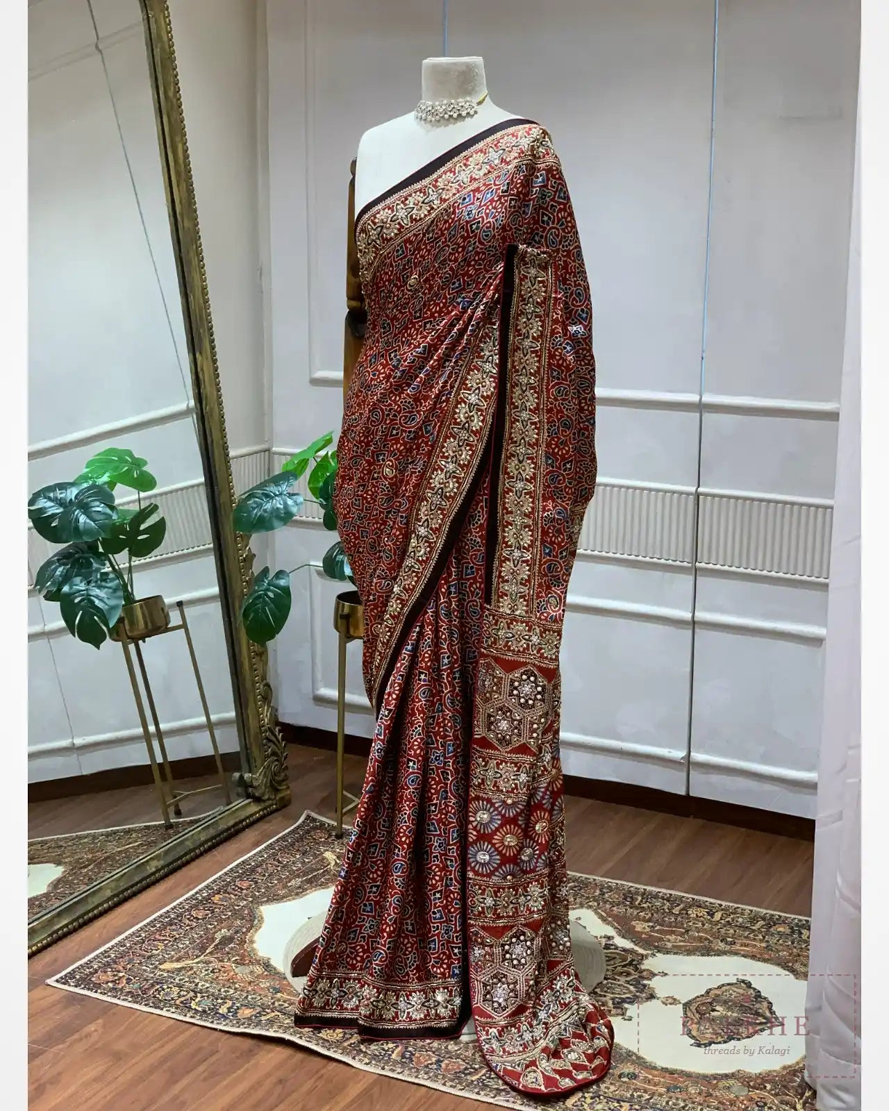 Maroon Ajrakh Silk Fancy x Hand Embroidery