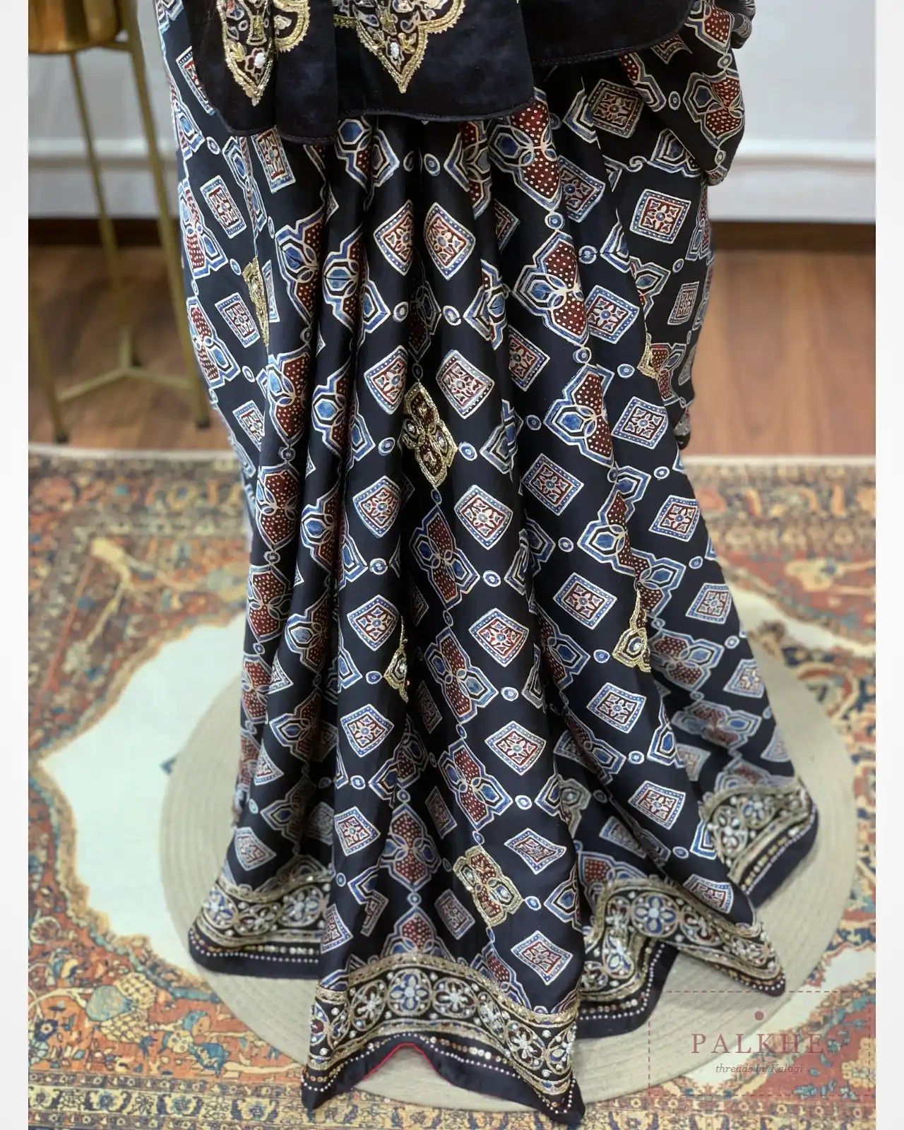 Black Silk Ajrakh Fancy x Hand Embroidery