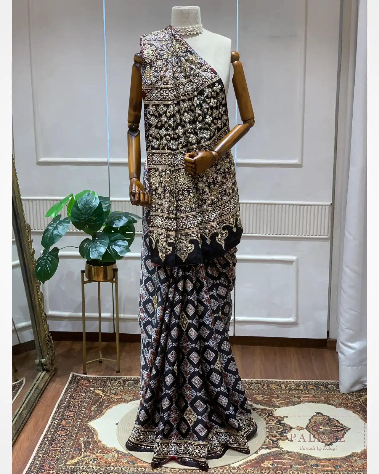 Black Silk Ajrakh Fancy x Hand Embroidery