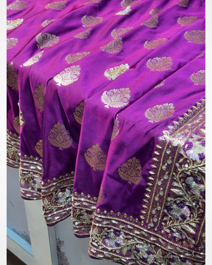 Purple Butta Pure Silk Banarasi x Hand Embroidery