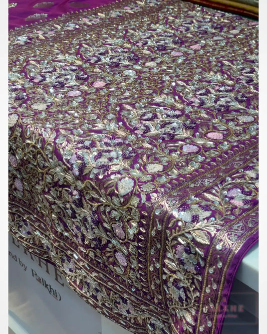 Purple Butta Pure Silk Banarasi x Hand Embroidery