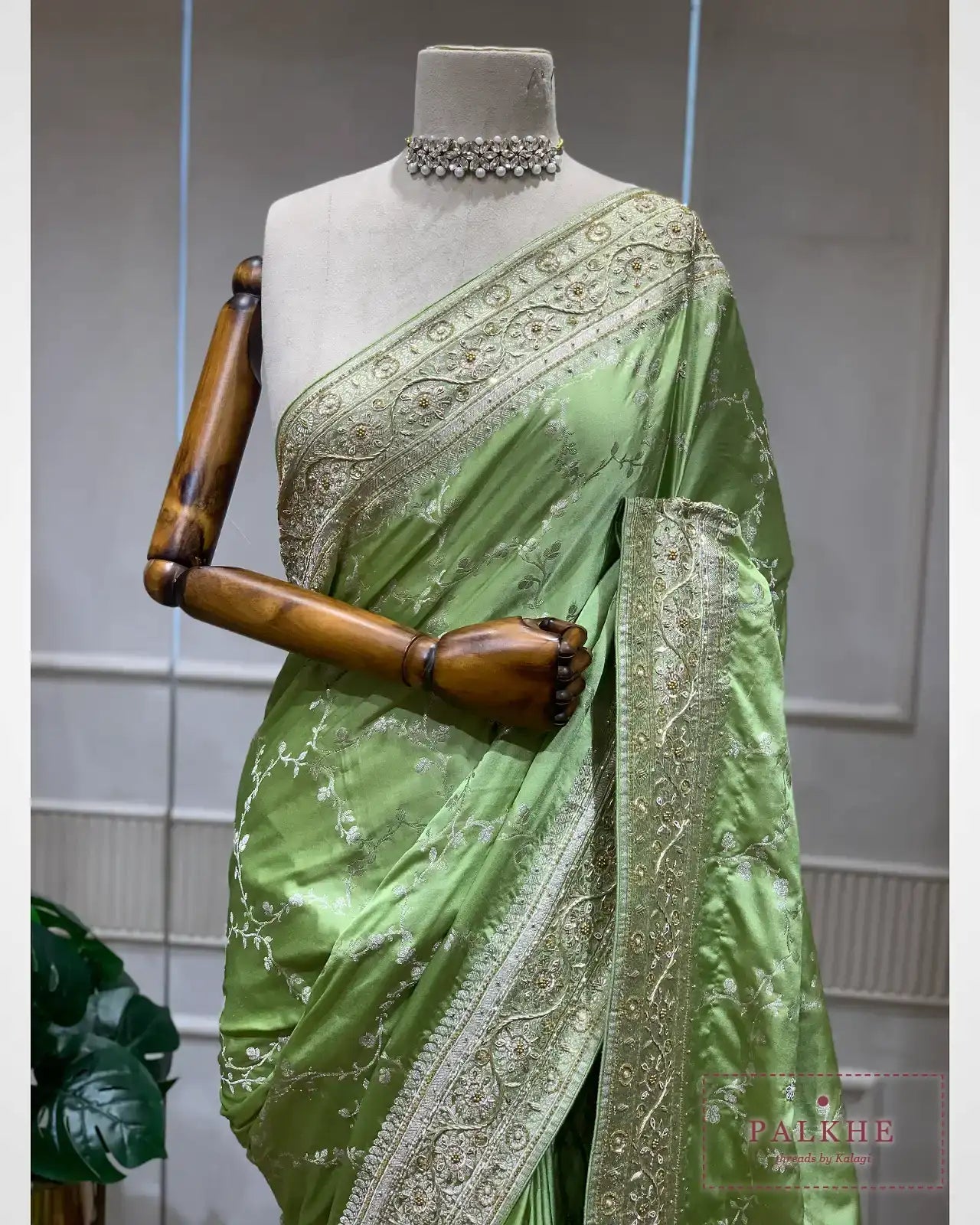 Pastel Green Satin Silk Banarasi x Hand Embroidery