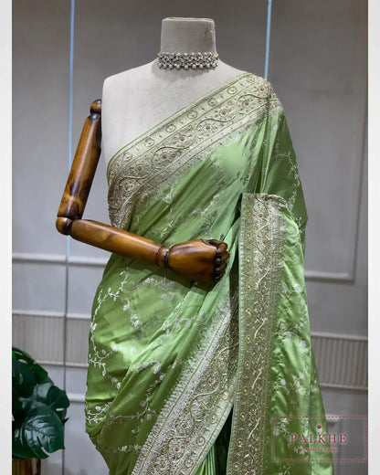 Pastel Green Satin Silk Banarasi x Hand Embroidery